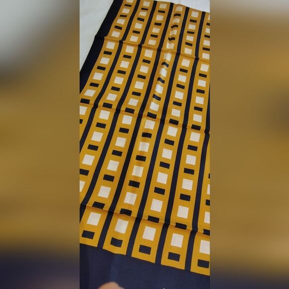 Laura Martino Long Fringe Vintage Silk Scarf Geometric Navy Blue & Gold - Picture 4 of 10